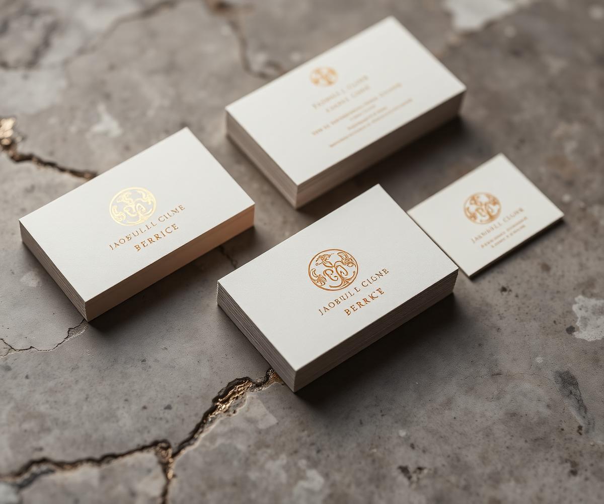 Luxury brand identity concept with gold foil business cards on stone