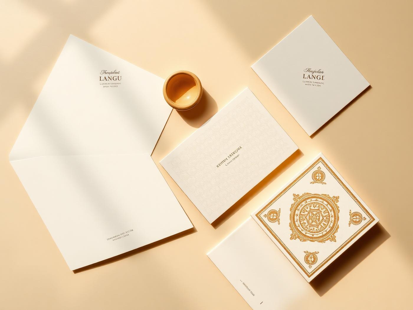 Brand stationery flat lay with gold foil detail
