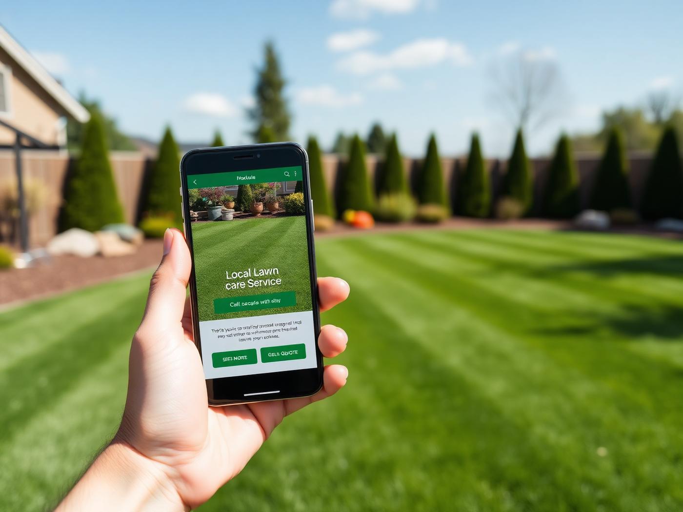 Lawn care website shown on a phone outdoors