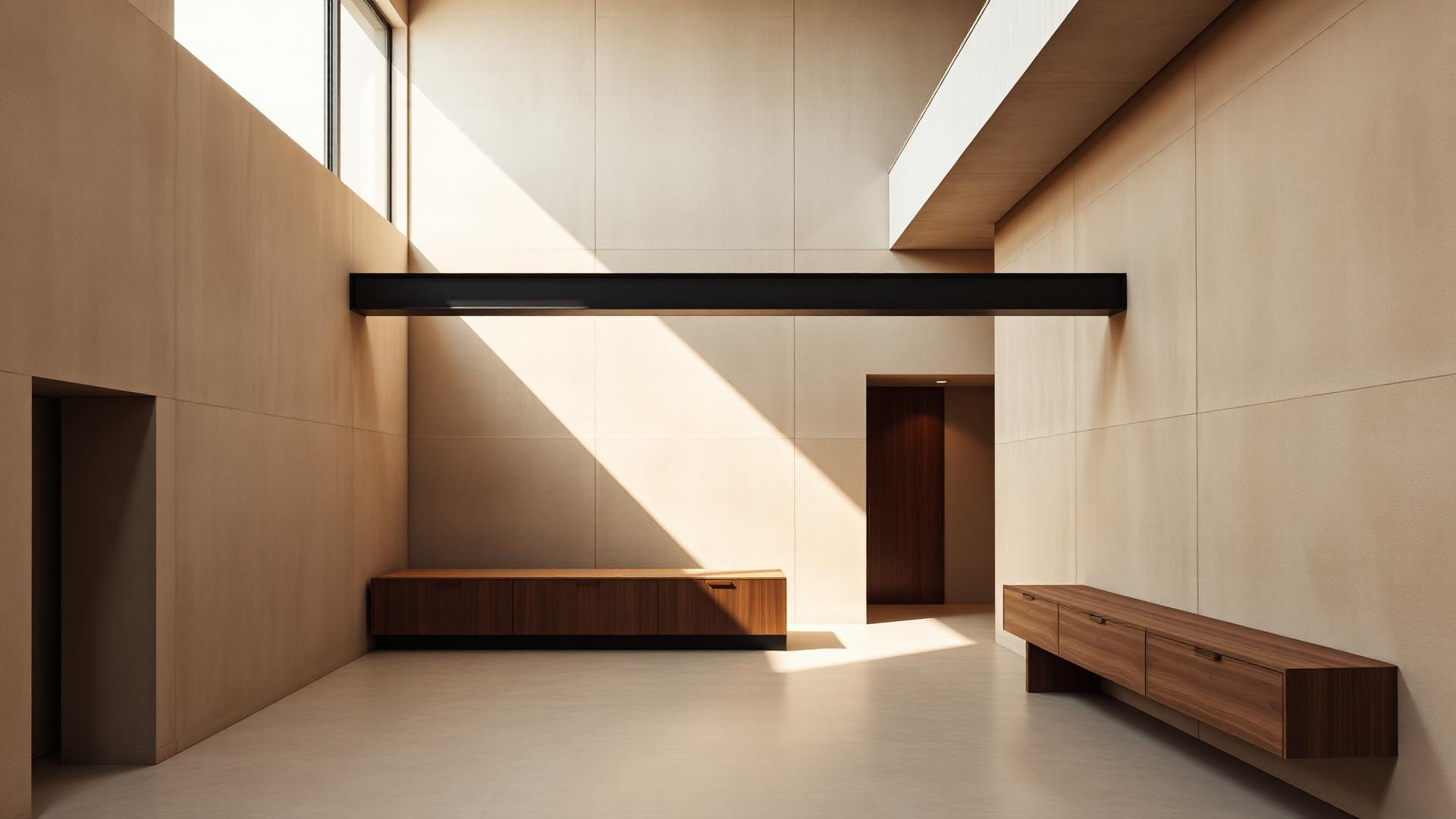 Warm minimal architectural interior with blackened steel beam and walnut cabinetry