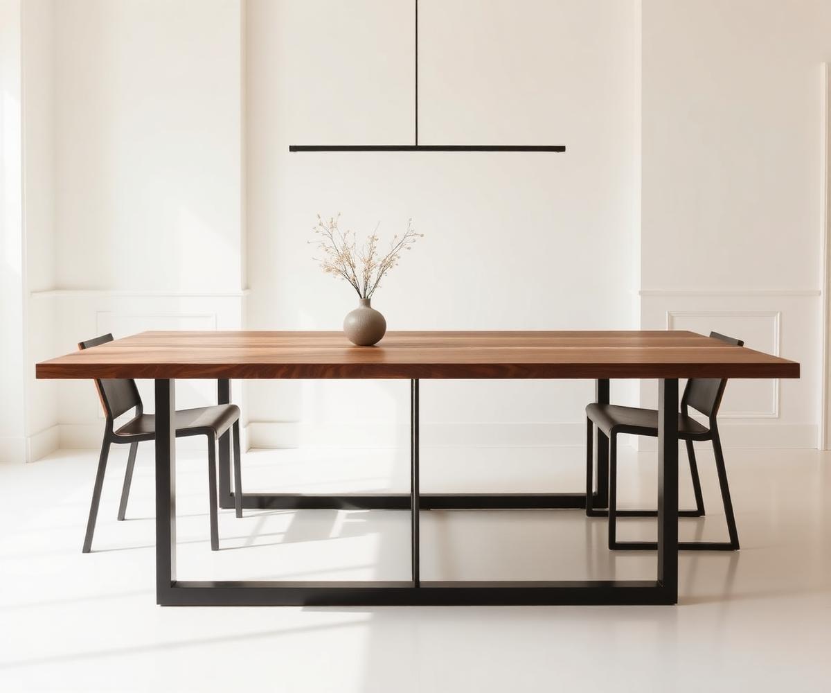 Custom blackened steel and walnut dining table in a minimal room