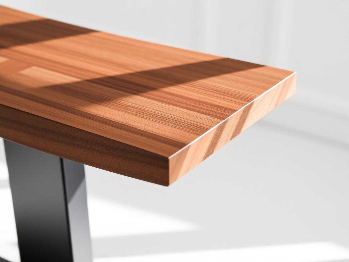 Detail of a walnut table edge meeting a blackened steel leg