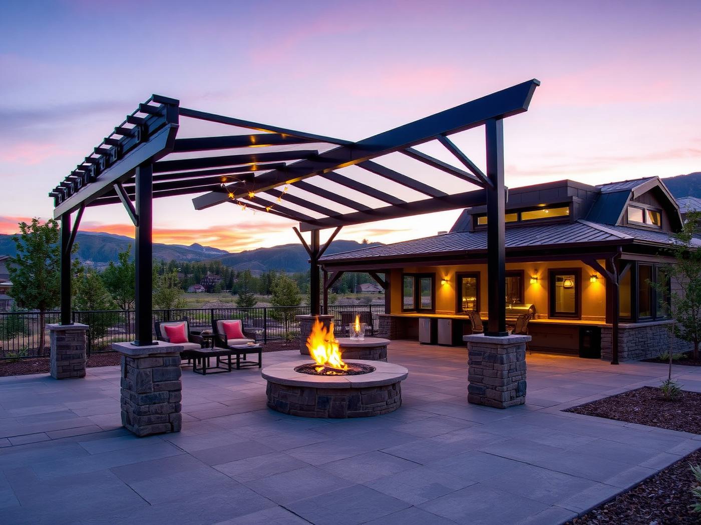 Detail of a steel pergola connection at dusk