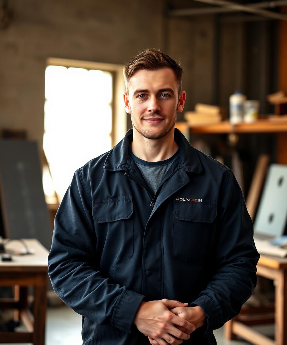 Tyler Medine in a fabrication workshop
